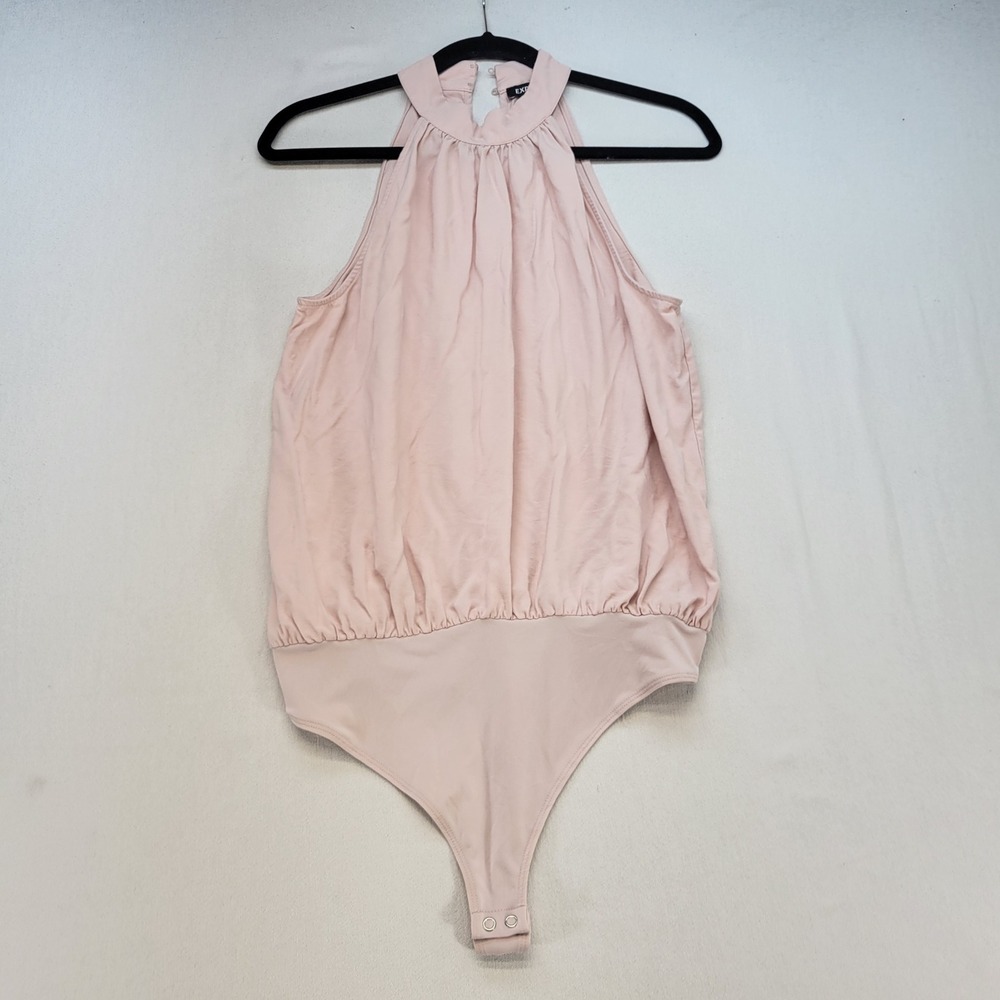 Express Bodysuit Womens Medium Pink Halter Neck Pleated Sleeveless Thong Back